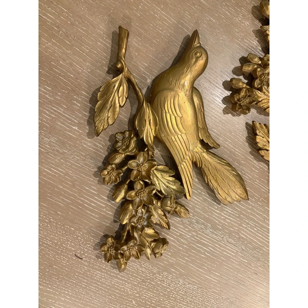 Vintage 1967 Syroco Gold Birds Dogwood Branch Wall Hanging Set Pair 5191 5190
